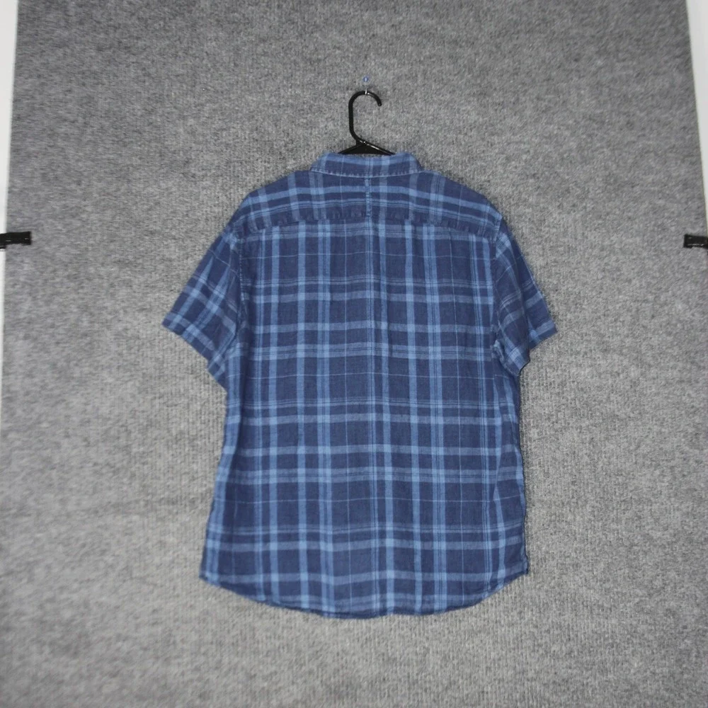 Banana Republic Plaid Linen Shirt Mens L Blue Camden‎ Standard Fit Short Sleeve